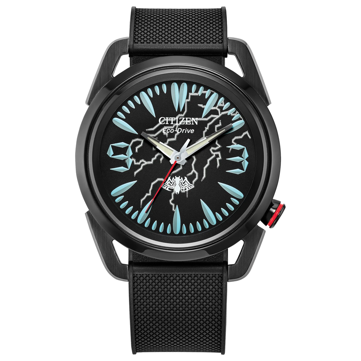 Citizen Venom Lethal Protector AW2065-41W Eco-Drive watch with black dial, luminous Venom teeth hour markers, spider emblem, red second hand, black ion-plated stainless steel case, and textured black polyurethane strap.