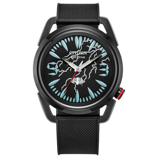 Citizen Venom Lethal Protector AW2065-41W Eco-Drive watch with black dial, luminous Venom teeth hour markers, spider emblem, red second hand, black ion-plated stainless steel case, and textured black polyurethane strap.