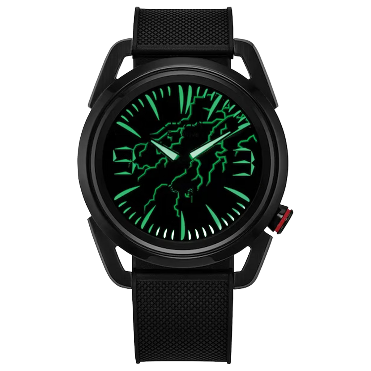 Citizen Venom Lethal Protector AW2065-41W shown in the dark with glowing green luminous teeth markers, hands, and lightning dial pattern