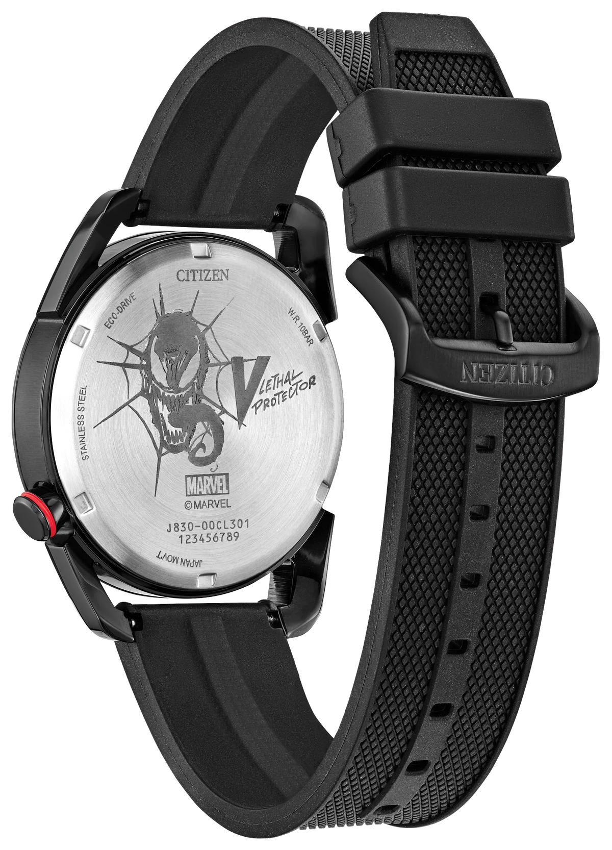 Rear view of the Citizen Venom Lethal Protector AW2065-41W showing the etched Venom case back, Lethal Protector text, black textured polyurethane strap, and Citizen buckle