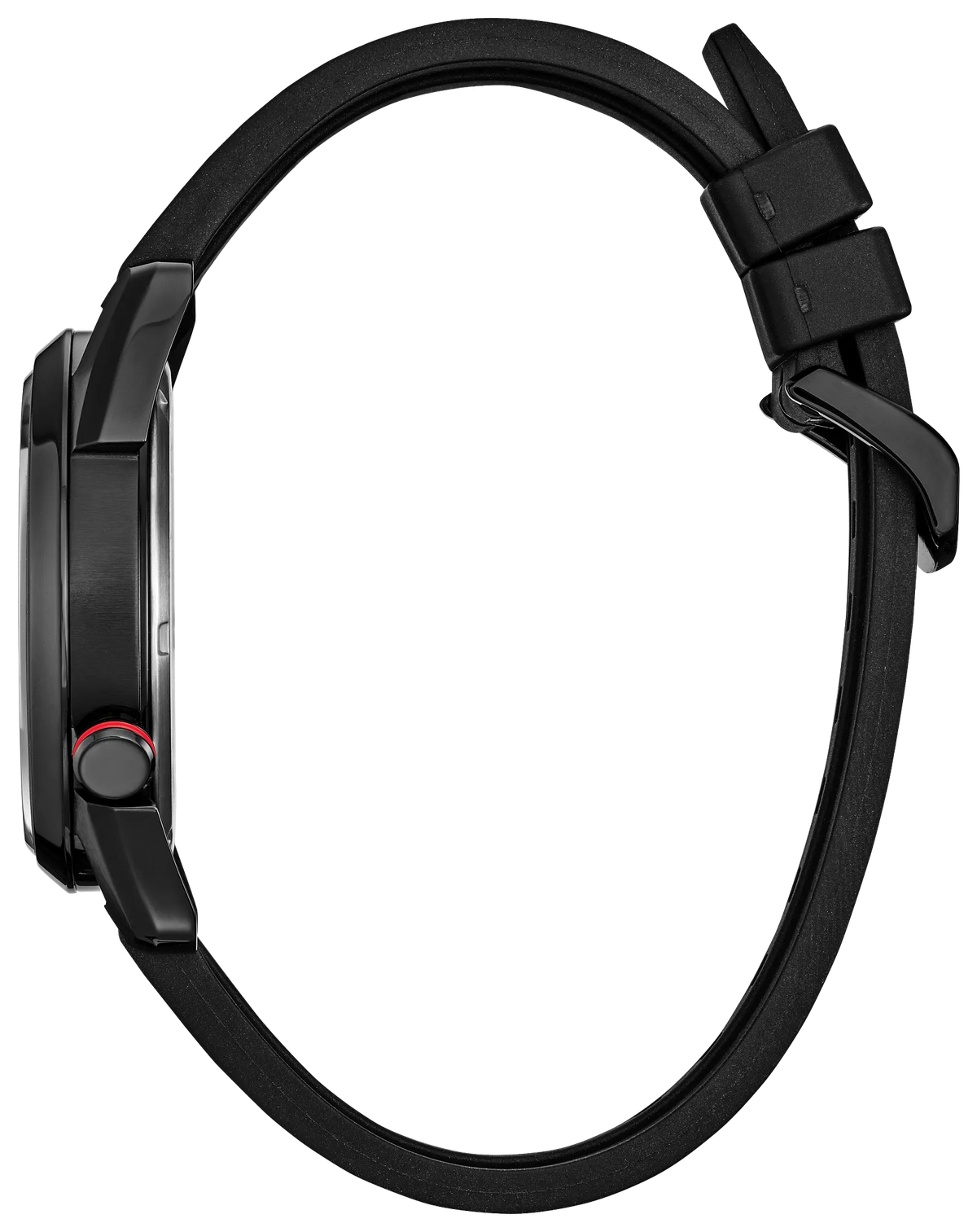 Side profile of the Citizen Venom Lethal Protector AW2065-41W showing the black ion-plated stainless steel case, red-accent crown, mineral crystal, and textured black polyurethane strap.