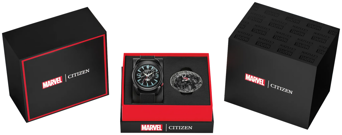 Citizen Venom Lethal Protector AW2065-41W boxed set with Marvel Citizen presentation box, Eco-Drive watch, and double-sided Spider-Man and Venom collectible coin