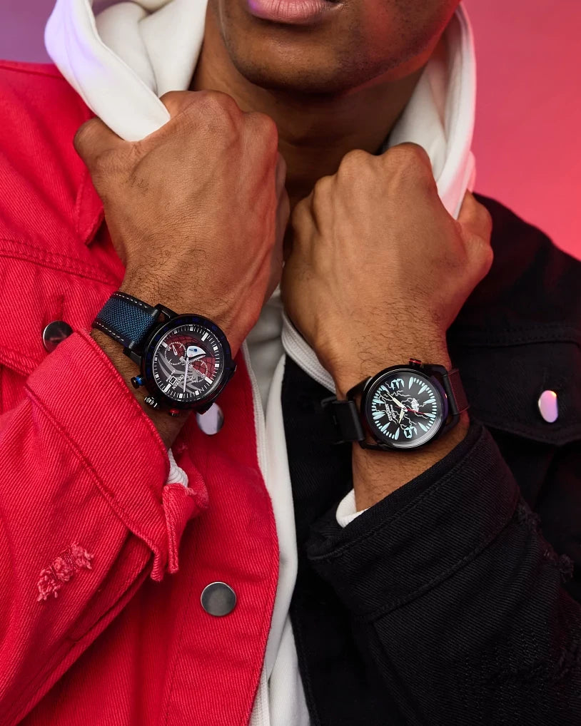 Lifestyle image featuring Citizen Spider-Man Double Vision and Citizen Venom Lethal Protector Marvel Eco-Drive watches worn together with red and black styling.