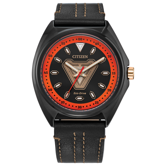 CITIZEN MARVEL TONY STARK '63 AW2075-05W Eco-Drive watch with black stainless steel case, Arc Reactor-inspired dial, red accents, and black leather strap.