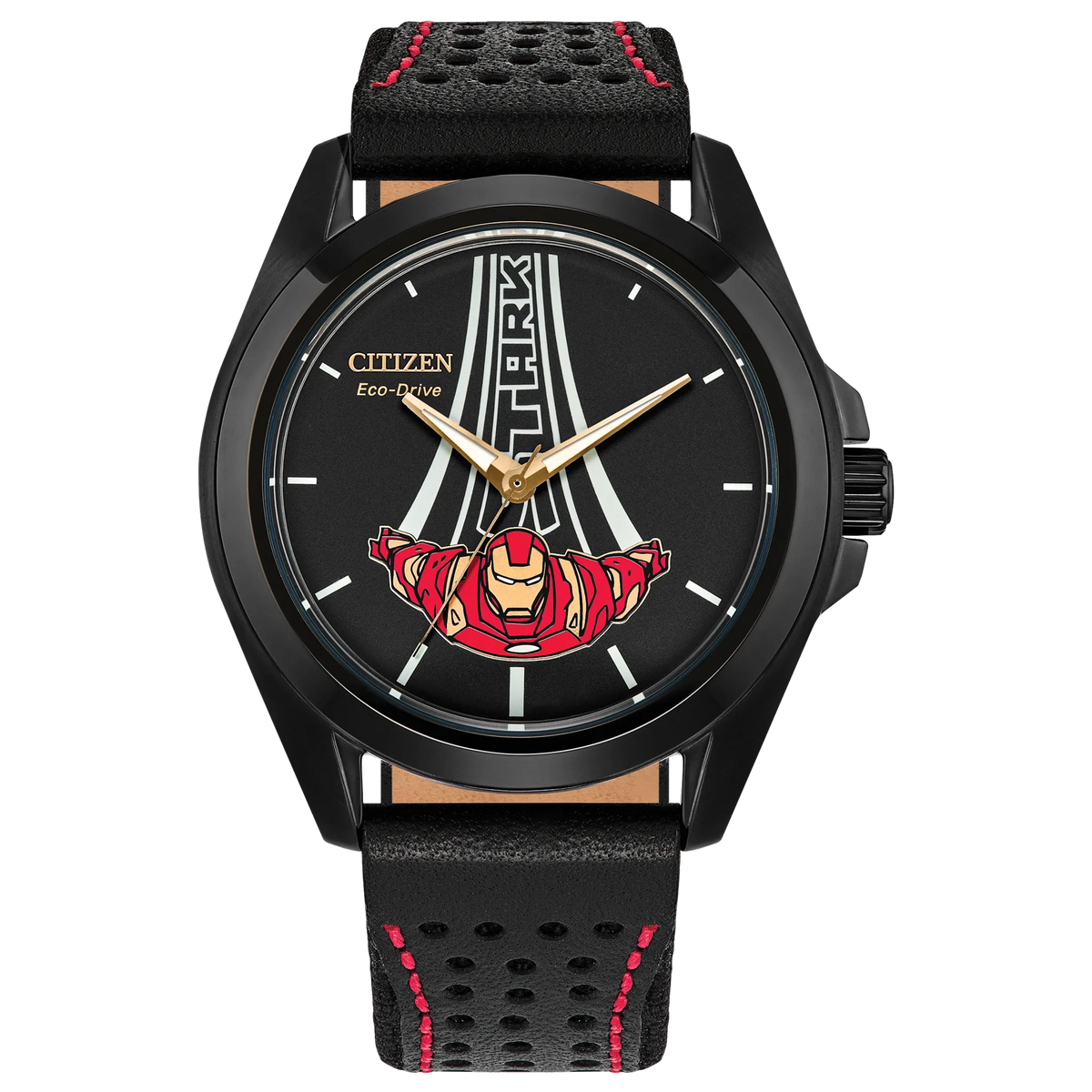 Citizen Marvel Stark Kinda Sorta Famous AW2095-41W Eco-Drive watch with black dial, Tony Stark in flight artwork, black ion-plated stainless steel case, perforated black leather strap, red stitching, and luminous details.
