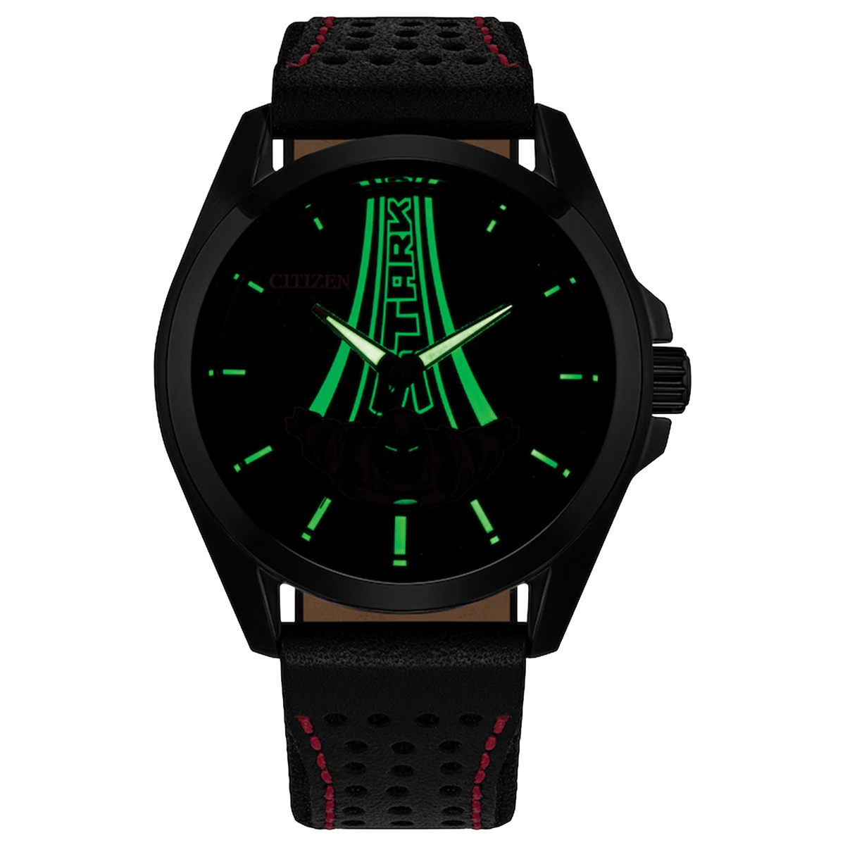 Citizen Marvel Stark AW2095-41W shown in the dark with glowing green luminous hands, hour markers, Stark sky trail, and illuminated dial details