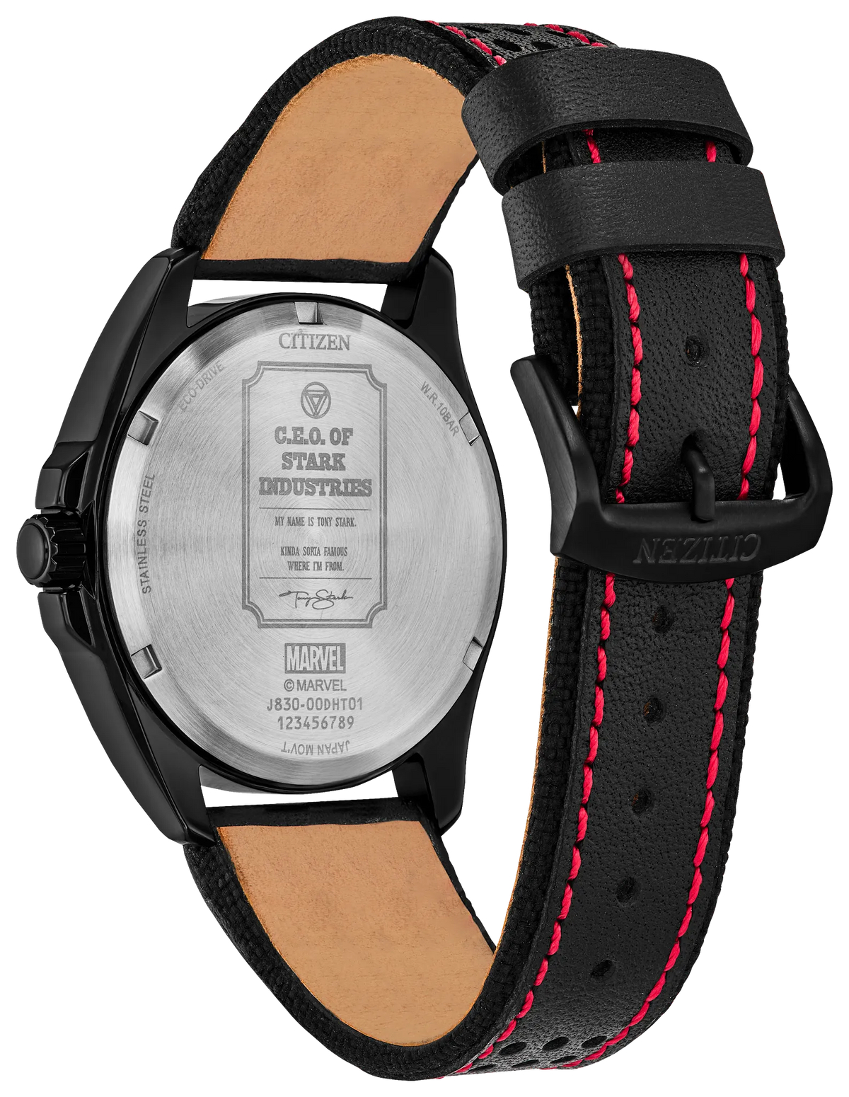 Rear view of the Citizen Marvel Stark AW2095-41W showing the Tony Stark business card case-back engraving, black perforated leather strap with red stitching, and Citizen buckle