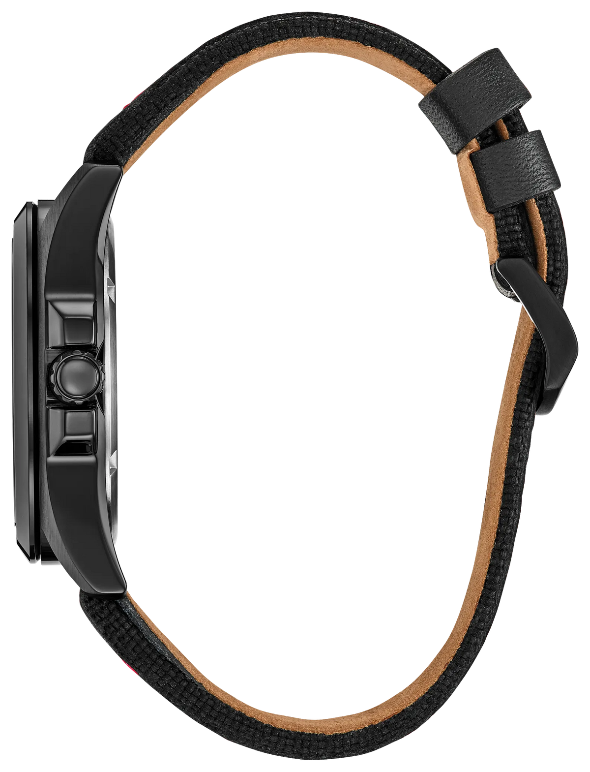 Side profile of the Citizen Marvel Stark AW2095-41W showing the black ion-plated stainless steel case, crown, mineral crystal, and perforated black leather strap.