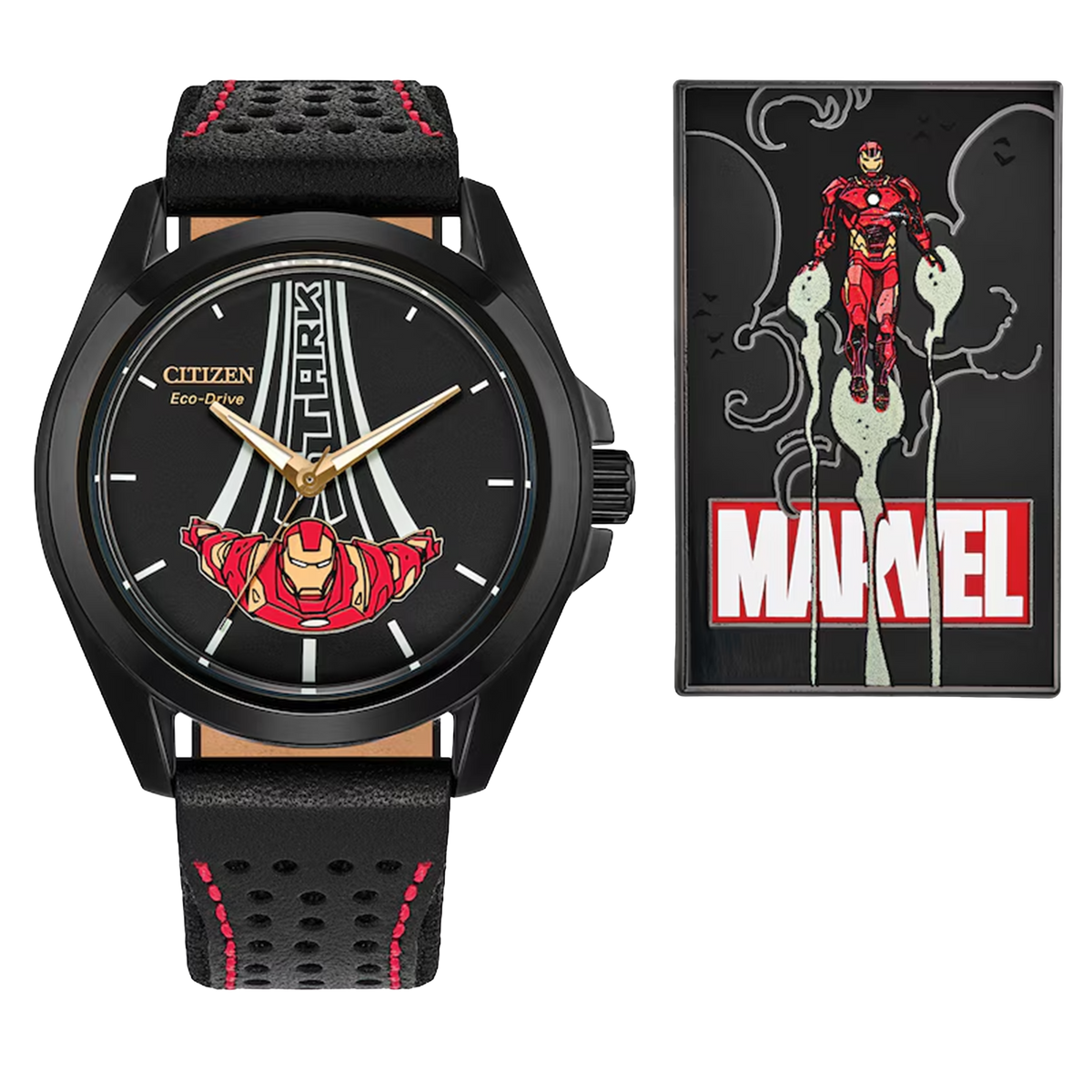 Citizen Marvel Stark AW2095-41W Eco-Drive watch with matching Tony Stark collectible pin, black dial, Iron Man-inspired artwork, and perforated leather strap with red stitching