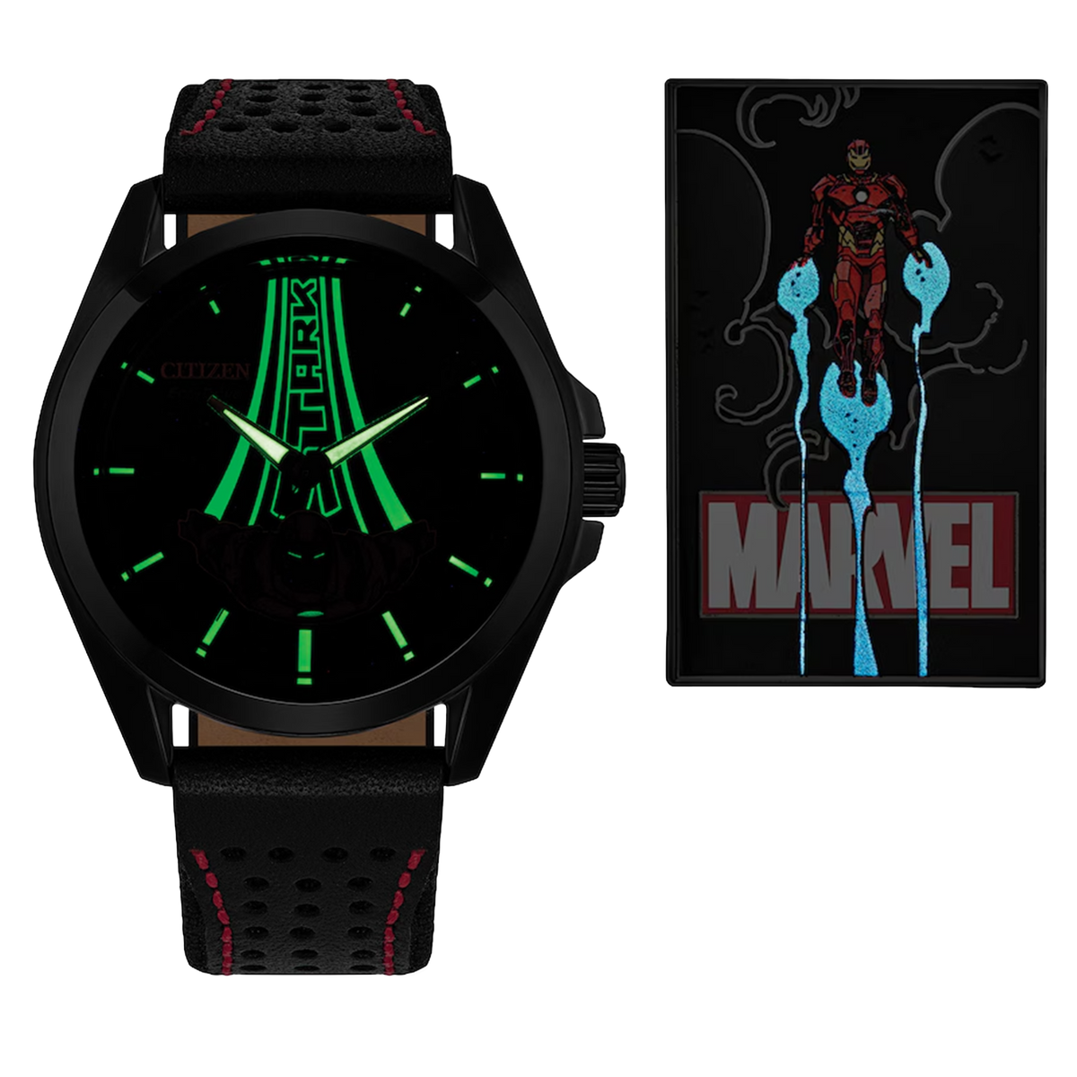 Citizen Marvel Stark AW2095-41W shown in low light with glowing luminous dial details and matching Tony Stark collectible pin