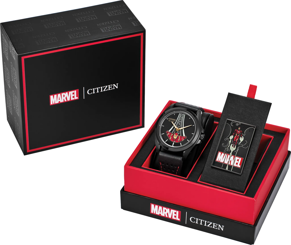 Citizen Marvel Stark AW2095-41W boxed set with Marvel Citizen presentation box, Eco-Drive watch, and matching Tony Stark collectible pin
