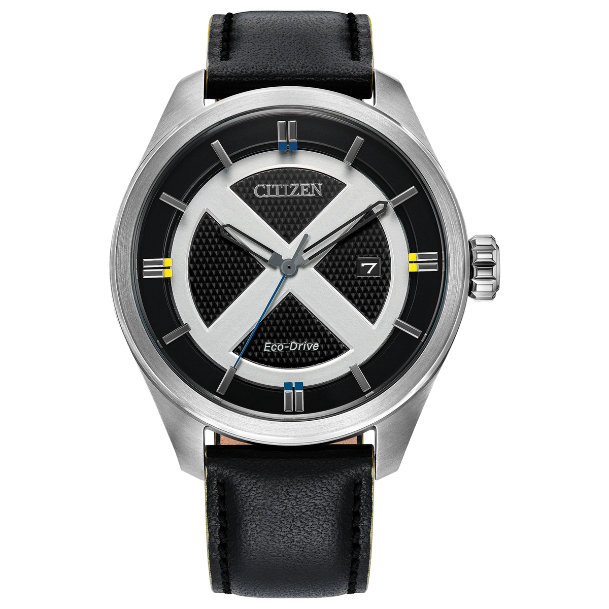 Citizen Marvel X-Men AW5007-17W Eco-Drive watch with double-layered black dial, silver X-Men logo and ring design, blue and gold accents, 42.3mm silver-tone stainless steel case, textured black leather strap with yellow edging, spherical mineral crystal, and etched X-Men case back.