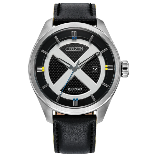 Citizen Marvel X-Men AW5007-17W Eco-Drive watch with double-layered black dial, silver X-Men logo and ring design, blue and gold accents, 42.3mm silver-tone stainless steel case, textured black leather strap with yellow edging, spherical mineral crystal, and etched X-Men case back.