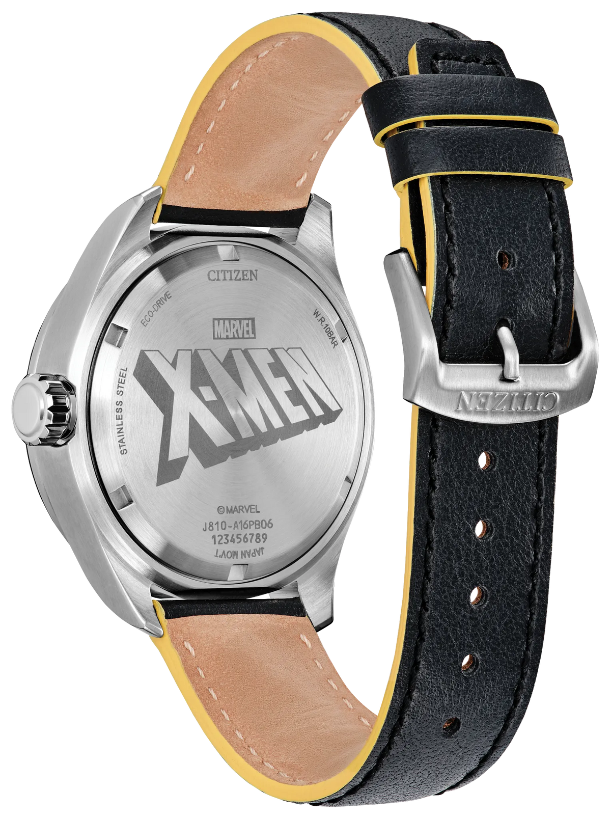 Citizen Marvel X-Men AW5007-17W Eco-Drive watch rear view with engraved X-Men logo case back, silver-tone stainless steel case, black leather strap with yellow edging, and Citizen buckle.