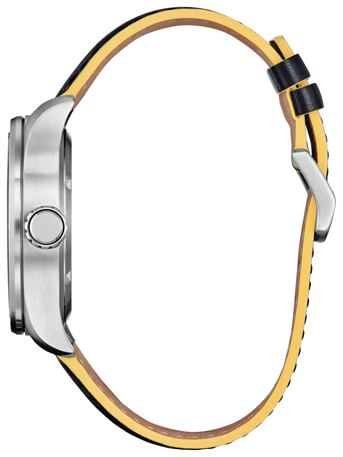 Side profile of the Citizen Marvel X-Men AW5007-17W Eco-Drive watch showing the silver-tone stainless steel case, crown, spherical mineral crystal, and black leather strap with yellow edging.
