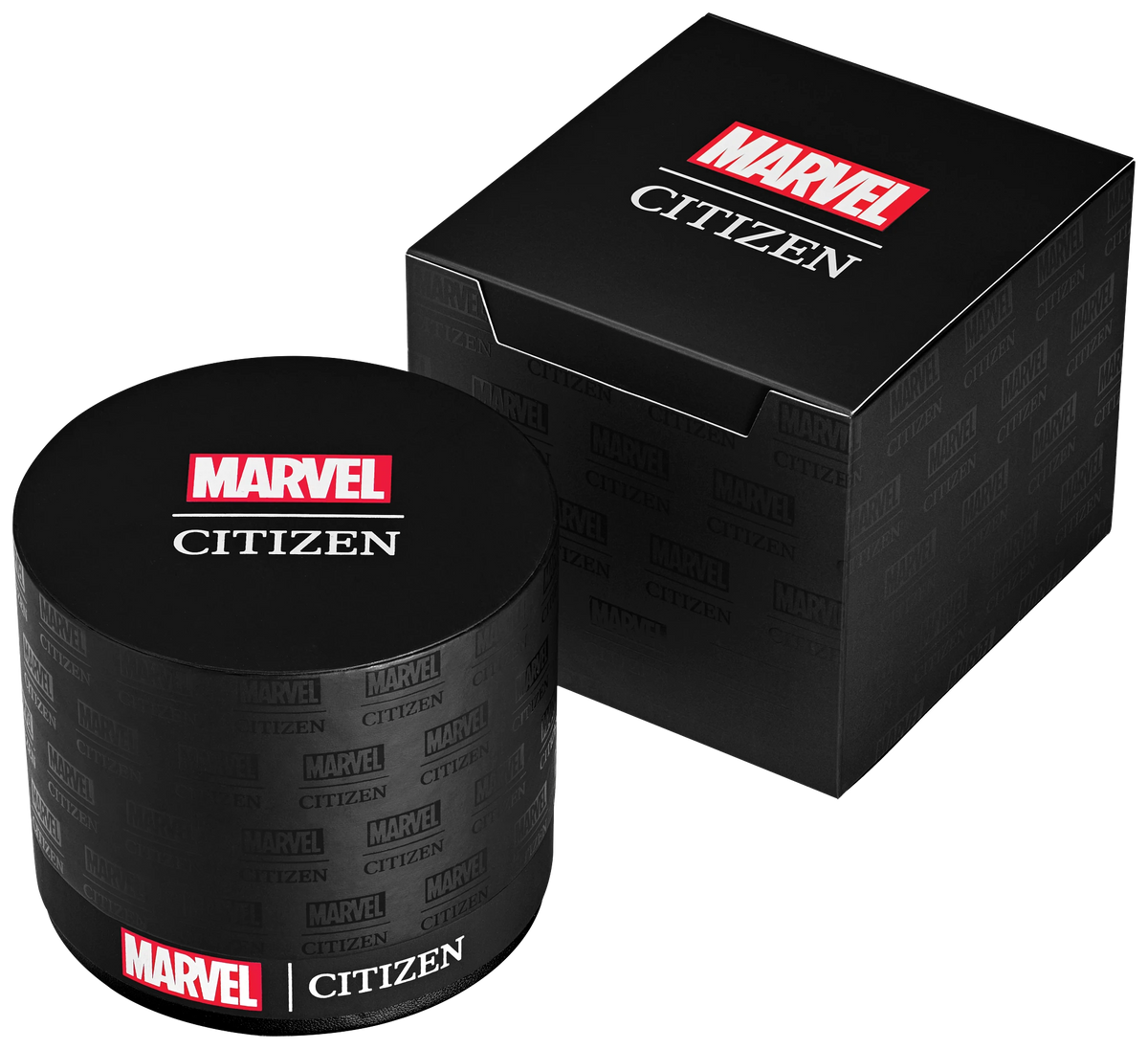 Citizen Marvel X-Men AW5007-17W special packaging with black Marvel Citizen presentation box and matching round watch box featuring Marvel and Citizen logos.
