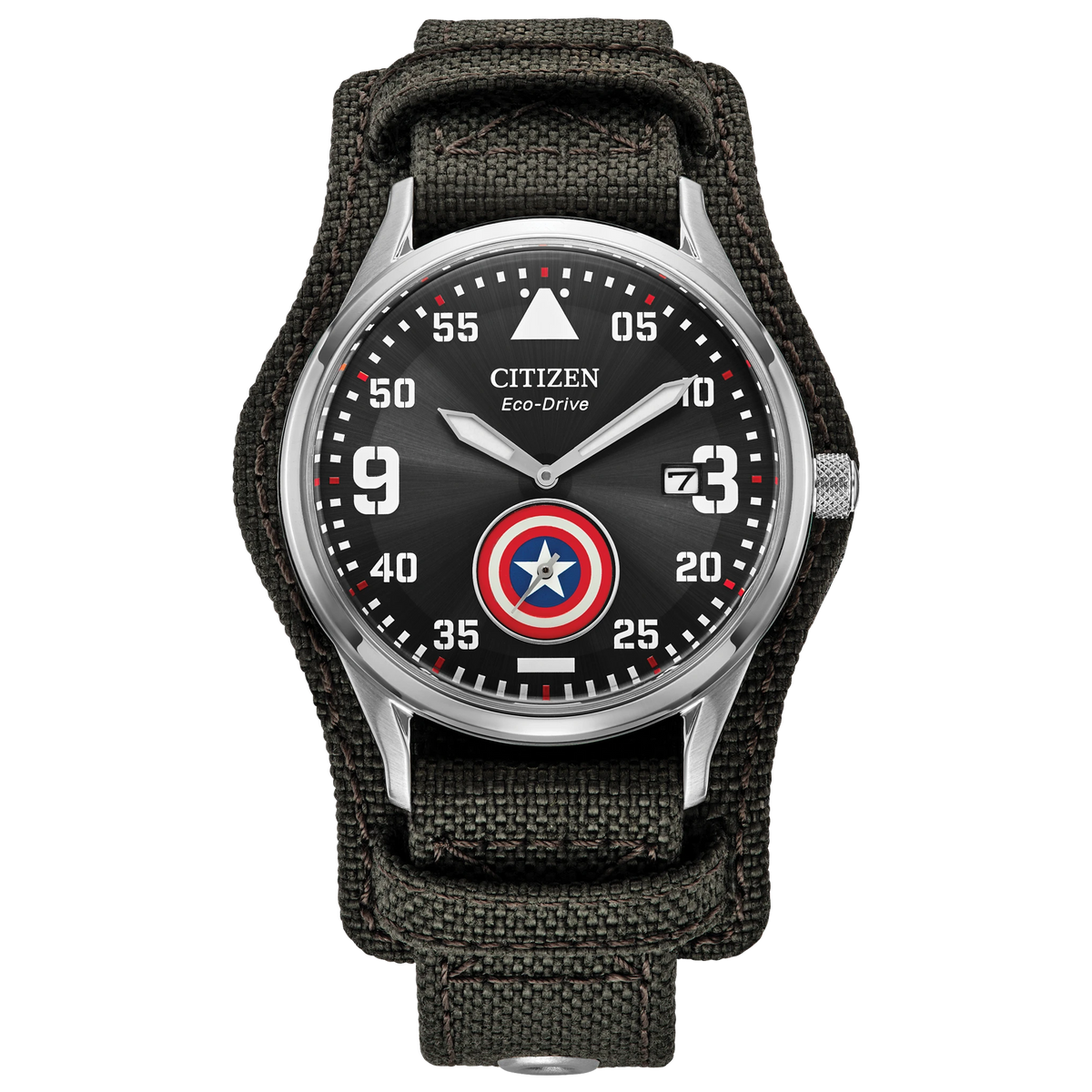 Citizen Captain America Forever BV1140-00W Marvel Eco-Drive watch with black military-inspired dial, Captain America shield sub-dial, silver-tone case, and dark gray CORDURA nylon cuff strap.