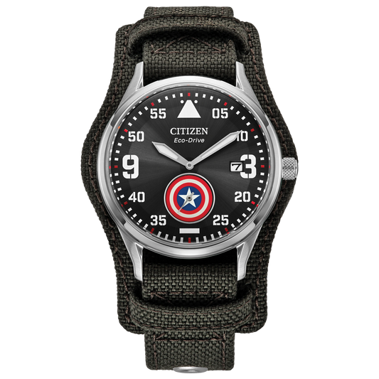Citizen Captain America Forever BV1140-00W Marvel Eco-Drive watch with black military-inspired dial, Captain America shield sub-dial, silver-tone case, and dark gray CORDURA nylon cuff strap.