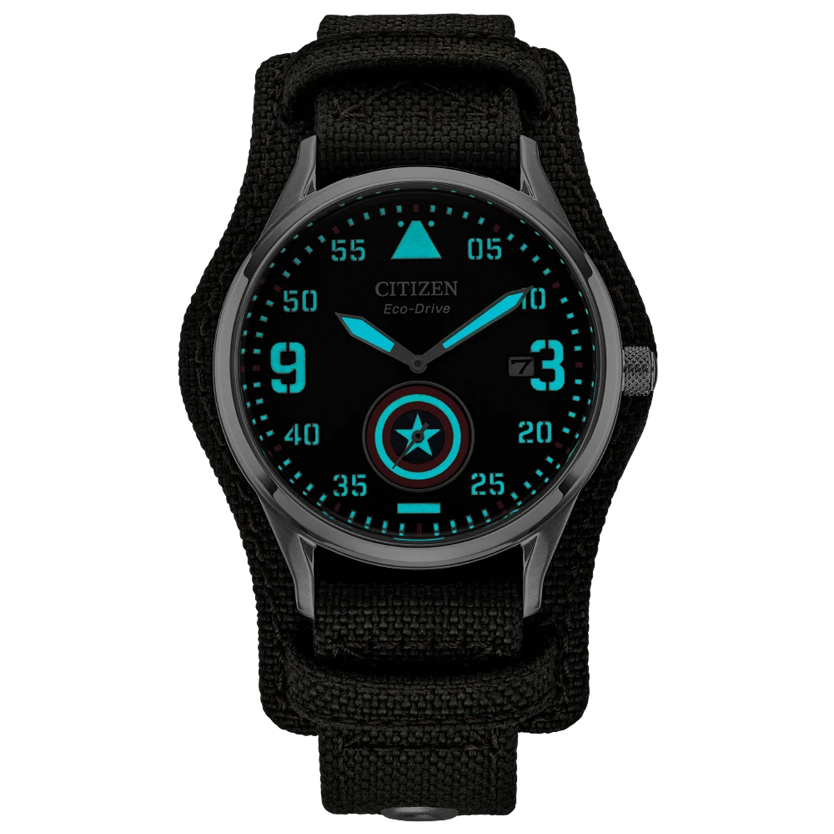 Low-light view of the Citizen Captain America Forever BV1140-00W showing glowing luminous dial printing, hands, numerals, and Captain America shield sub-dial.