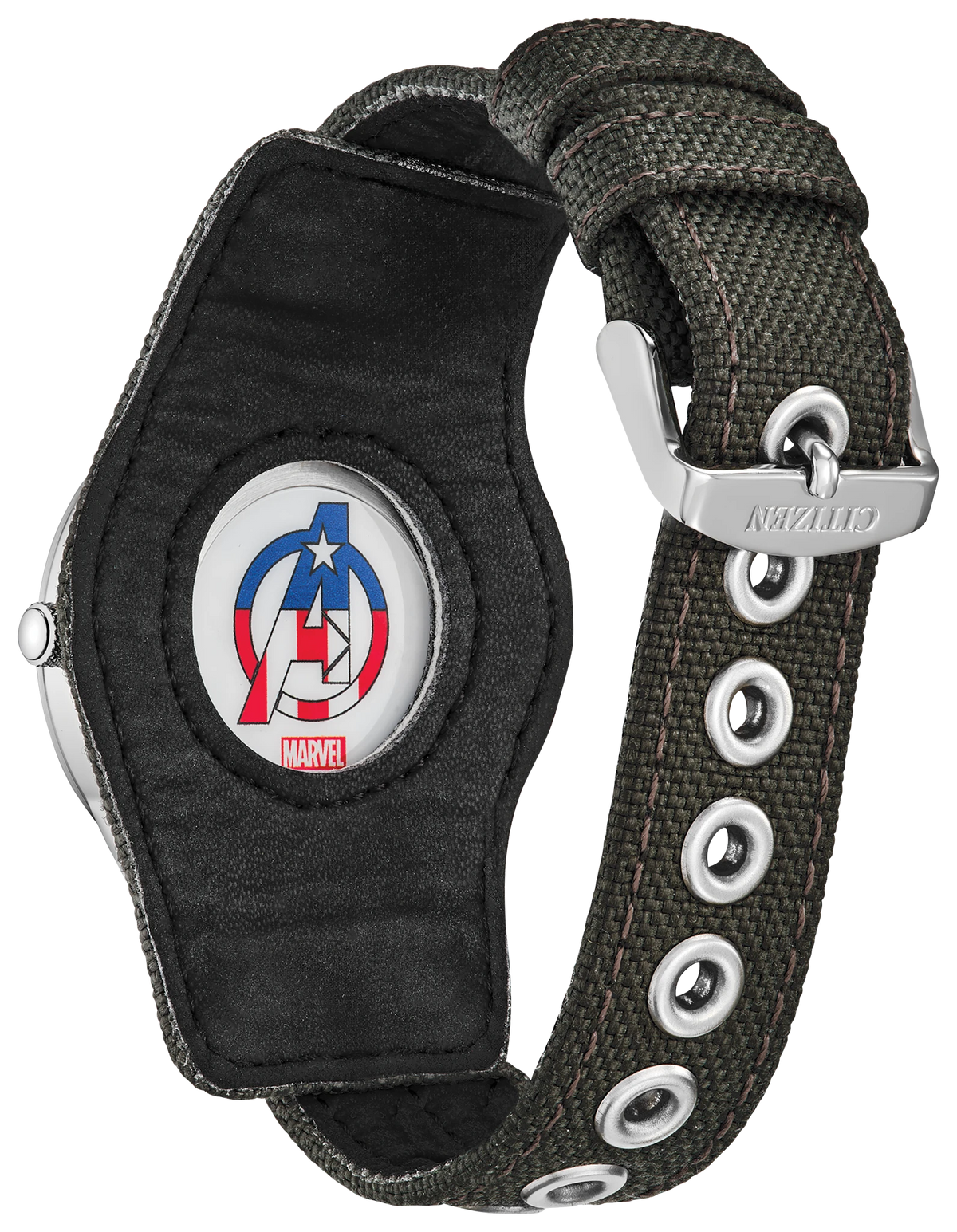Back view of the Citizen Captain America Forever BV1140-00W showing the Captain America logo detail, dark gray CORDURA nylon cuff strap, silver buckle, and metal grommets