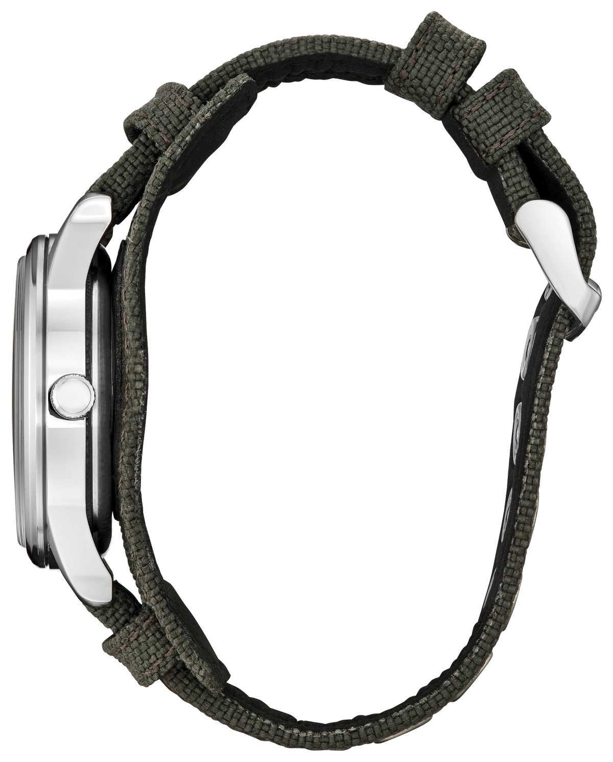 Side profile of the Citizen Captain America Forever BV1140-00W showing the silver-tone stainless steel case, spherical mineral crystal, crown, and rugged CORDURA cuff strap.