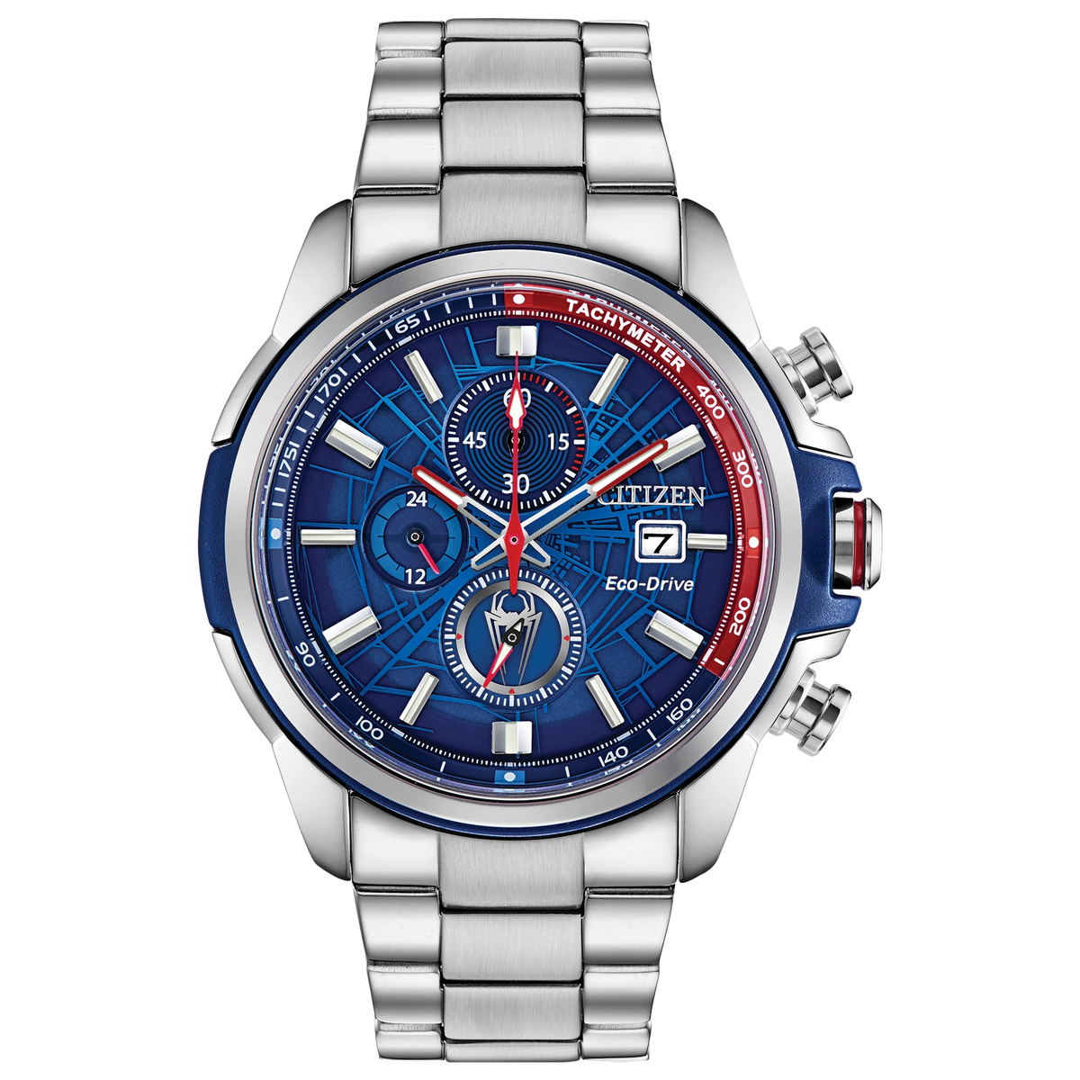 Citizen Spider-Man CA0429-53W Marvel Eco-Drive chronograph watch with blue web-pattern dial, red tachymeter accents, stainless steel bracelet, date display, and Spider-Man logo sub-dial.
