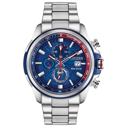 Citizen Spider-Man CA0429-53W Marvel Eco-Drive chronograph watch with blue web-pattern dial, red tachymeter accents, stainless steel bracelet, date display, and Spider-Man logo sub-dial.