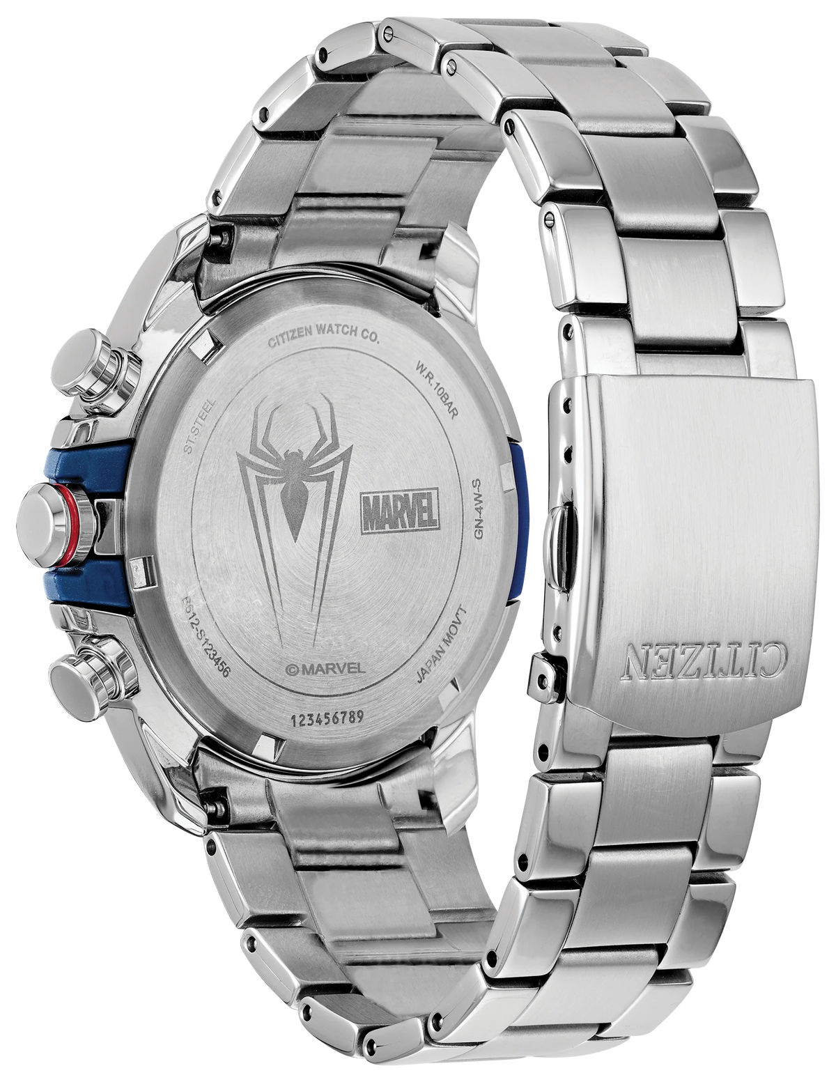 Back view of the Citizen Spider-Man CA0429-53W showing the stainless steel bracelet, fold-over clasp, and case back engraved with the Spider-Man logo and Marvel branding.