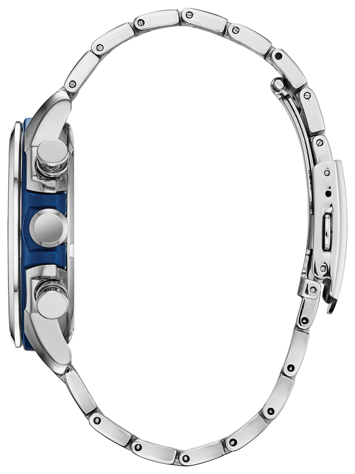 Side profile of the Citizen Spider-Man CA0429-53W showing the stainless steel case, blue chroma-finish side detail, chronograph pushers, crown, and bracelet.