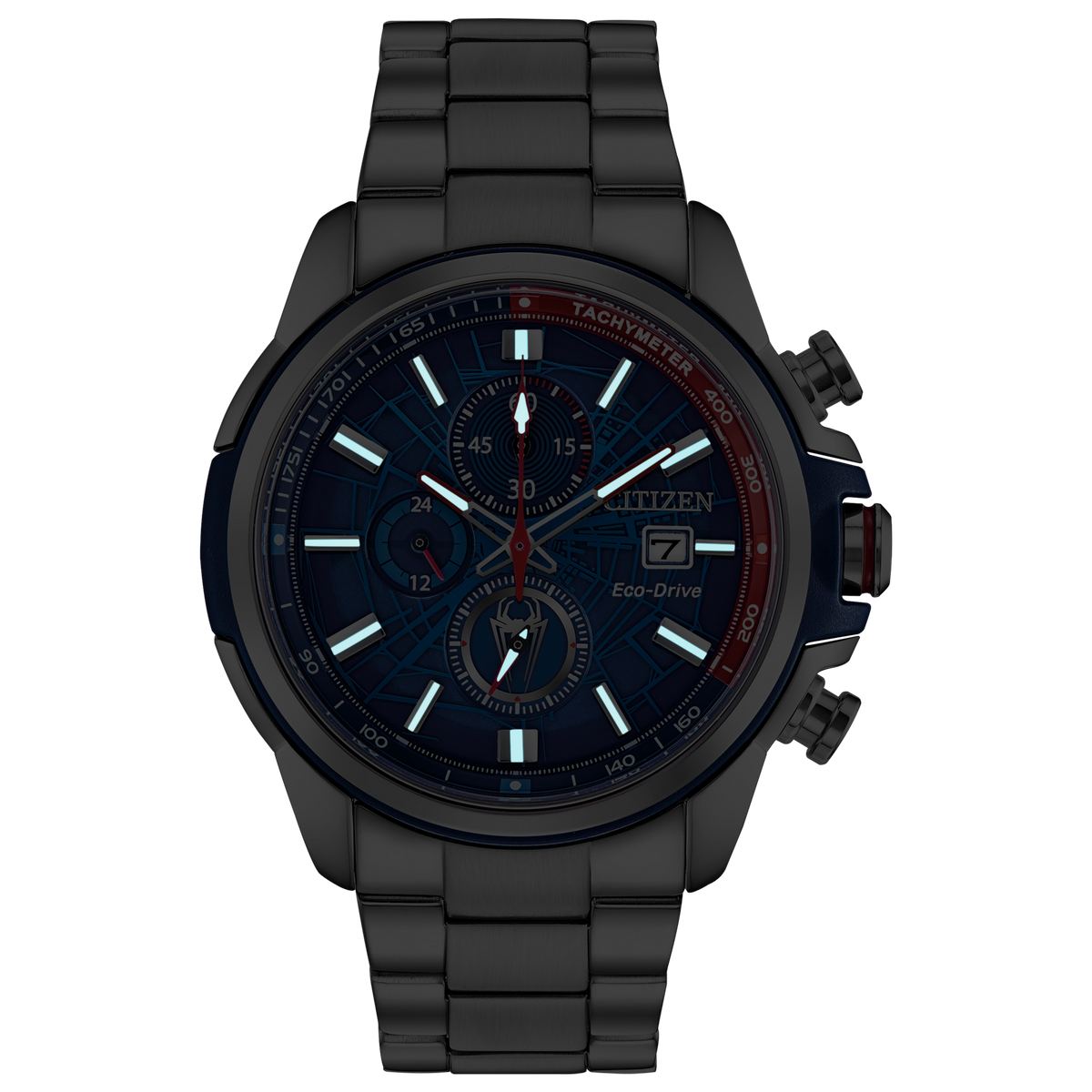 Citizen Marvel CA0429-53W Eco-Drive chronograph watch in low light, showing luminous hands and hour markers, dark dial with web-inspired details, stainless steel bracelet, and date display.