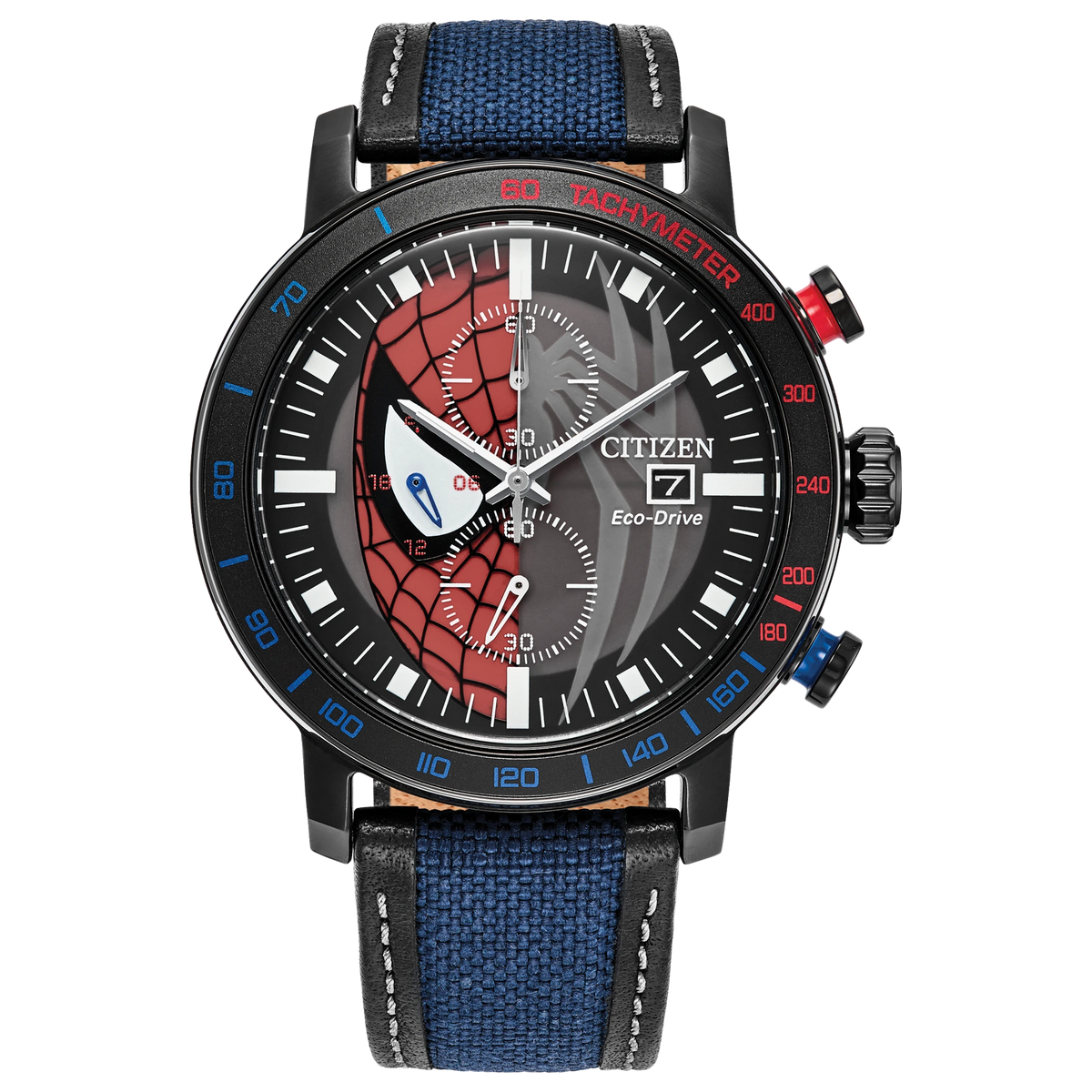 Citizen Spider-Man Double Vision CA0855-47W Eco-Drive chronograph watch with divided Spider-Man mask and spider emblem dial, black ion-plated stainless steel case, tachymeter bezel, blue Cordura nylon and black leather strap, and date display.”