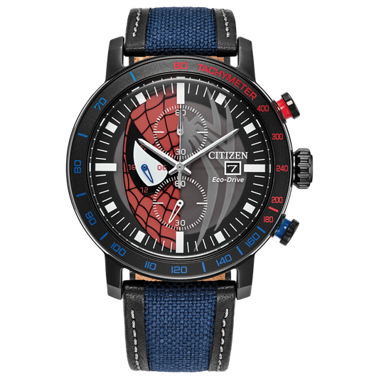 Citizen Spider-Man Double Vision CA0855-47W Eco-Drive chronograph watch with divided Spider-Man mask and spider emblem dial, black ion-plated stainless steel case, tachymeter bezel, blue Cordura nylon and black leather strap, and date display.”