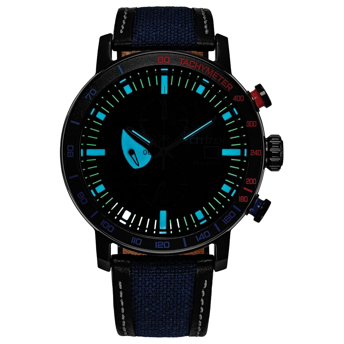 Citizen Spider-Man Double Vision CA0855-47W shown in the dark with illuminated hour markers and glowing Spider-Man eye detail on the dial.