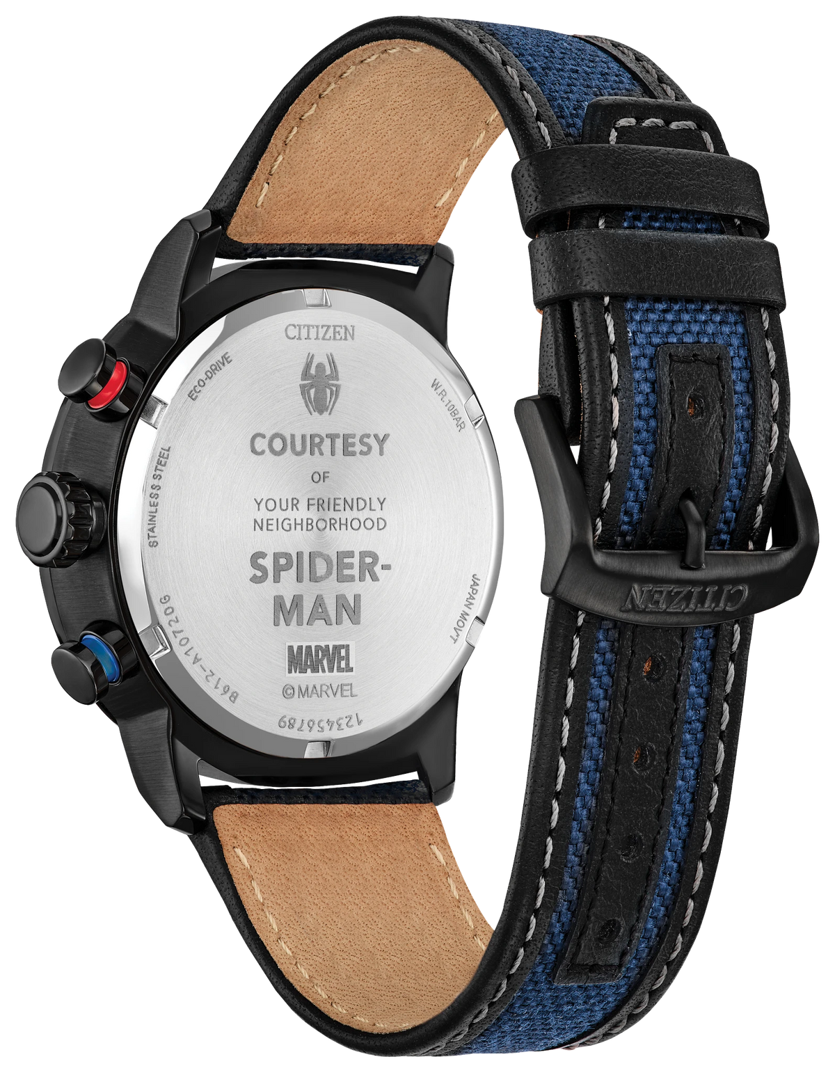 Rear view of the Citizen Spider-Man Double Vision CA0855-47W showing the engraved case back with Courtesy Of Your Friendly Neighborhood Spider-Man text, blue Cordura nylon and black leather strap, and Citizen buckle