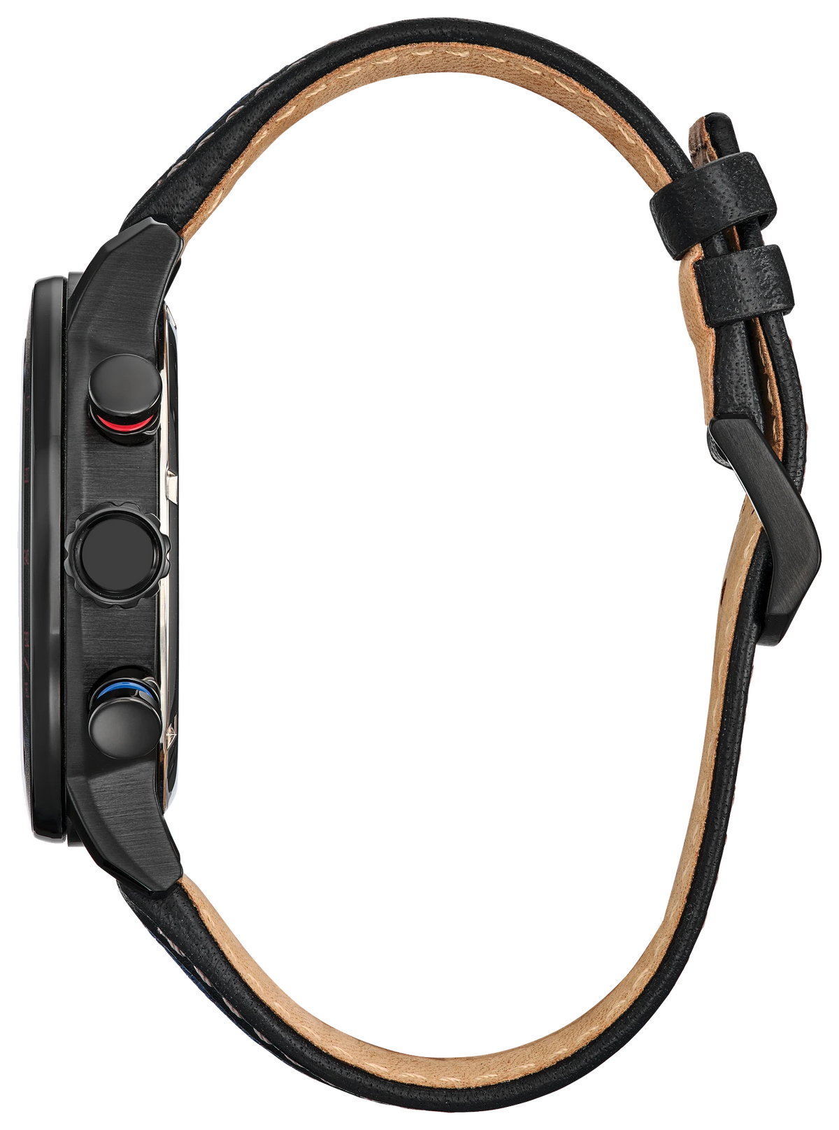 Side profile of the Citizen Spider-Man Double Vision CA0855-47W showing the black ion-plated stainless steel case, red and blue chronograph pushers, crown, mineral crystal, and blue Cordura leather strap.