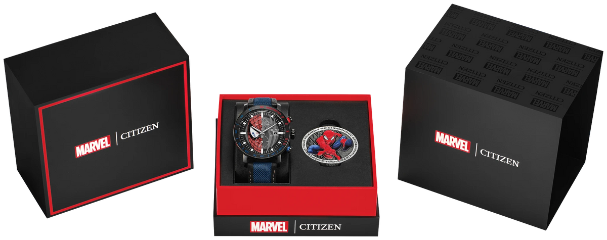 Citizen Spider-Man Double Vision CA0855-47W boxed set with Marvel Citizen presentation box, Eco-Drive chronograph watch, and collectible Spider-Man and Venom coin