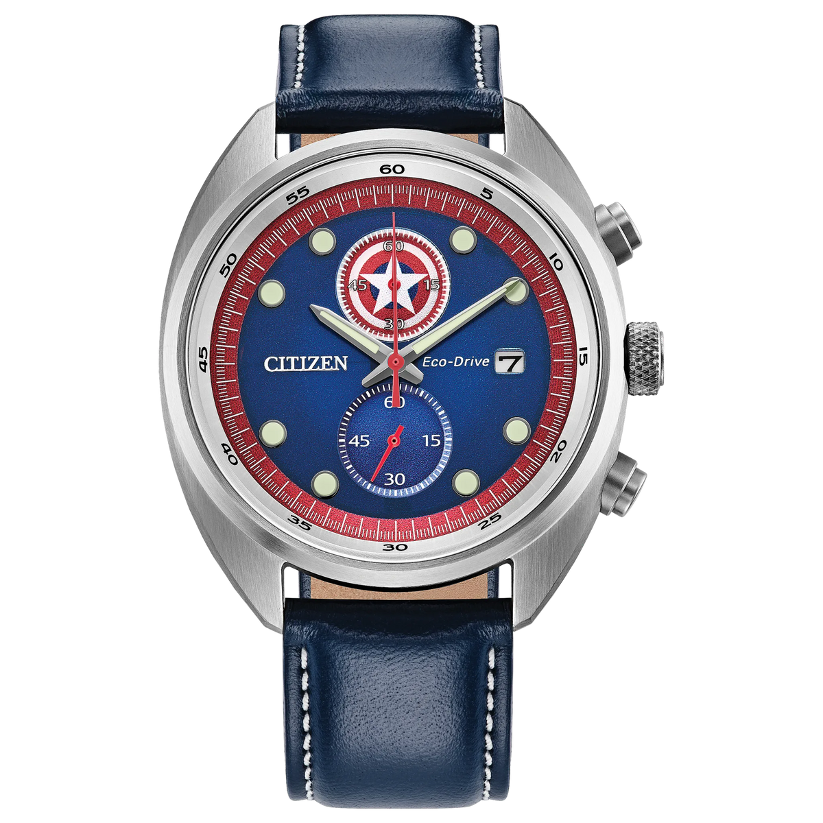 Citizen Captain America 85th Anniversary CA7046-46W Eco-Drive chronograph box set with blue Captain America-inspired dial, shield subdial detail, 41mm silver-tone stainless steel case, blue leather strap, collector’s coin, and 100m water resistance.
