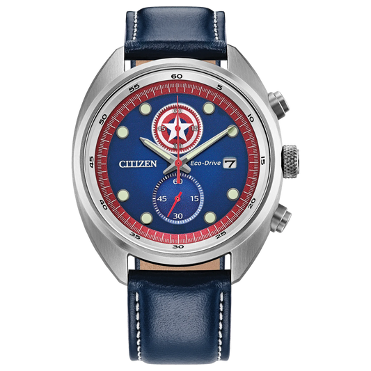 Citizen Captain America 85th Anniversary CA7046-46W Eco-Drive chronograph box set with blue Captain America-inspired dial, shield subdial detail, 41mm silver-tone stainless steel case, blue leather strap, collector’s coin, and 100m water resistance.