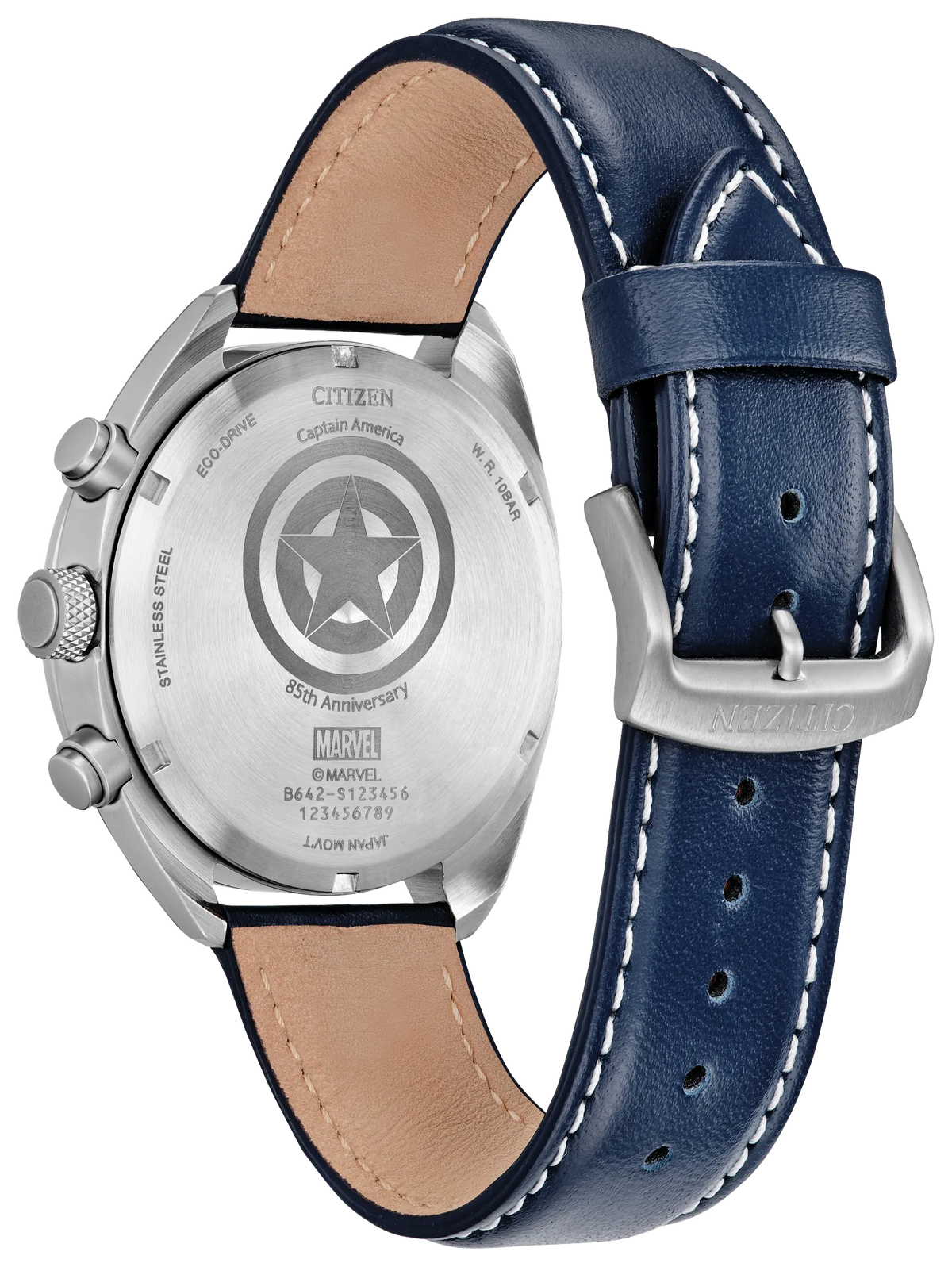 Citizen Marvel Captain America 50th Anniversary watch showing the back of the silver stainless steel case with a navy blue leather strap featuring white stitching and a tan interior.