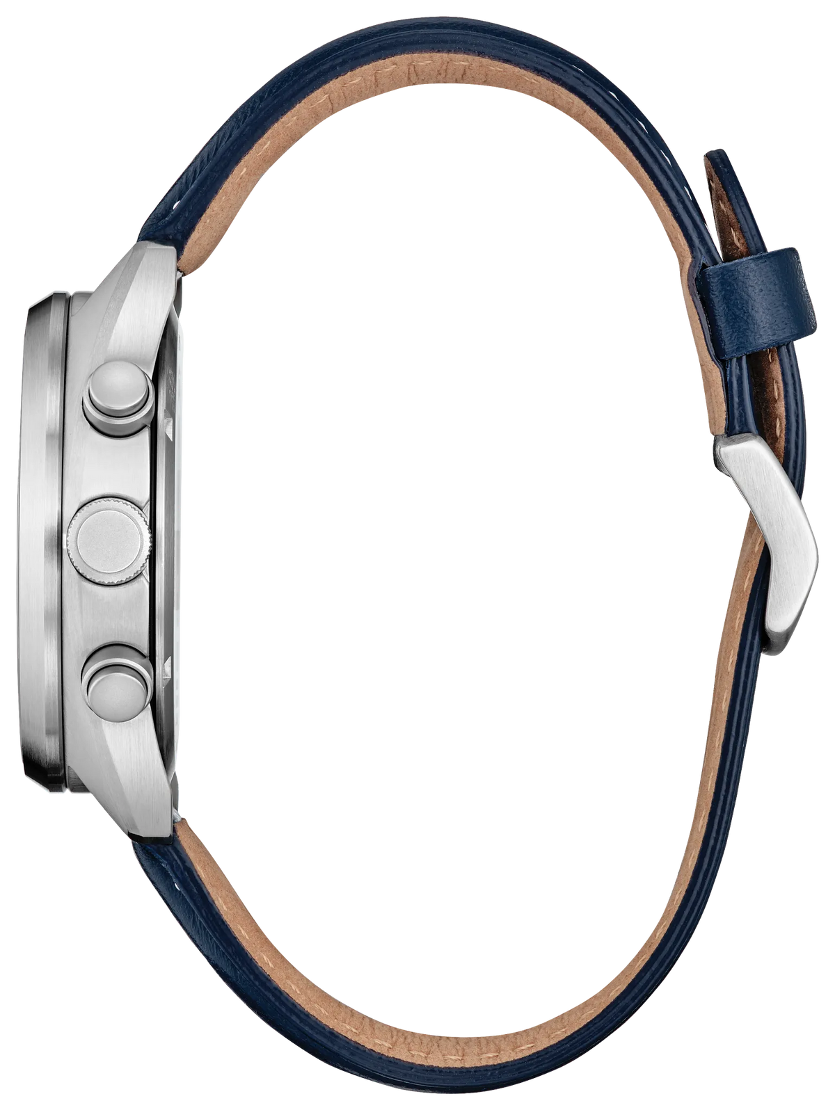 A side profile view of a smartwatch with a silver metallic case and a navy blue leather strap with a tan interior lining, set against a plain white background.