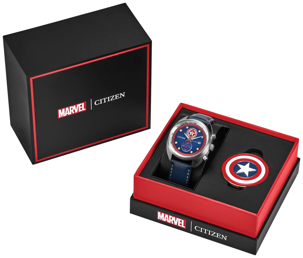 Marvel x Citizen watch presented in an open red and black gift box, with the watch featuring a Captain America themed dial and a round Captain America shield charm beside it. The black branded outer box is shown next to the open presentation box on a white background.
