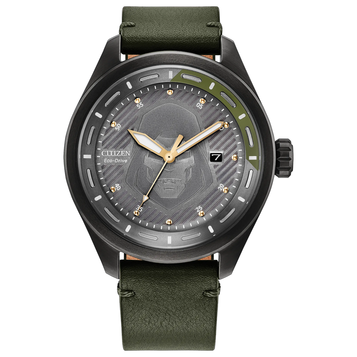 Citizen Avengers Dr. Doom AW5027-44W Eco-Drive watch with gray Doctor Doom mask-inspired dial, gold-tone markers, black stainless steel case, and green leather strap.