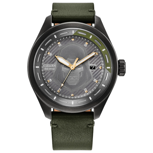 Citizen Avengers Dr. Doom AW5027-44W Eco-Drive watch with gray Doctor Doom mask-inspired dial, gold-tone markers, black stainless steel case, and green leather strap.