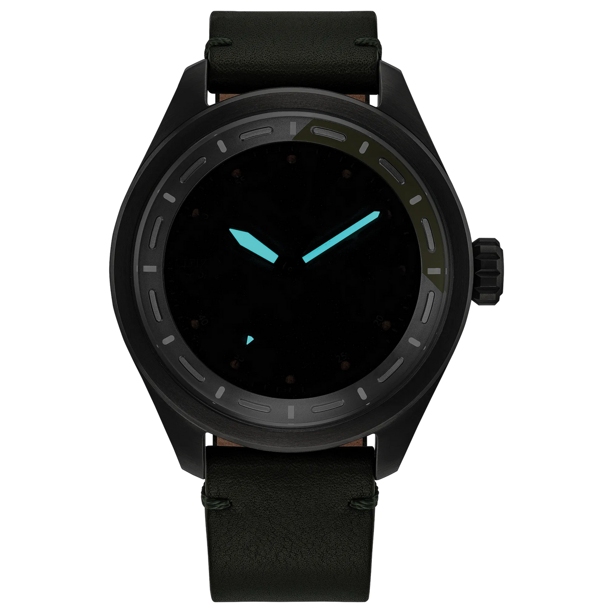 Citizen Avengers Dr. Doom AW5027-44W watch in low light showing glowing luminous hands on a dark gray dial with green leather strap.