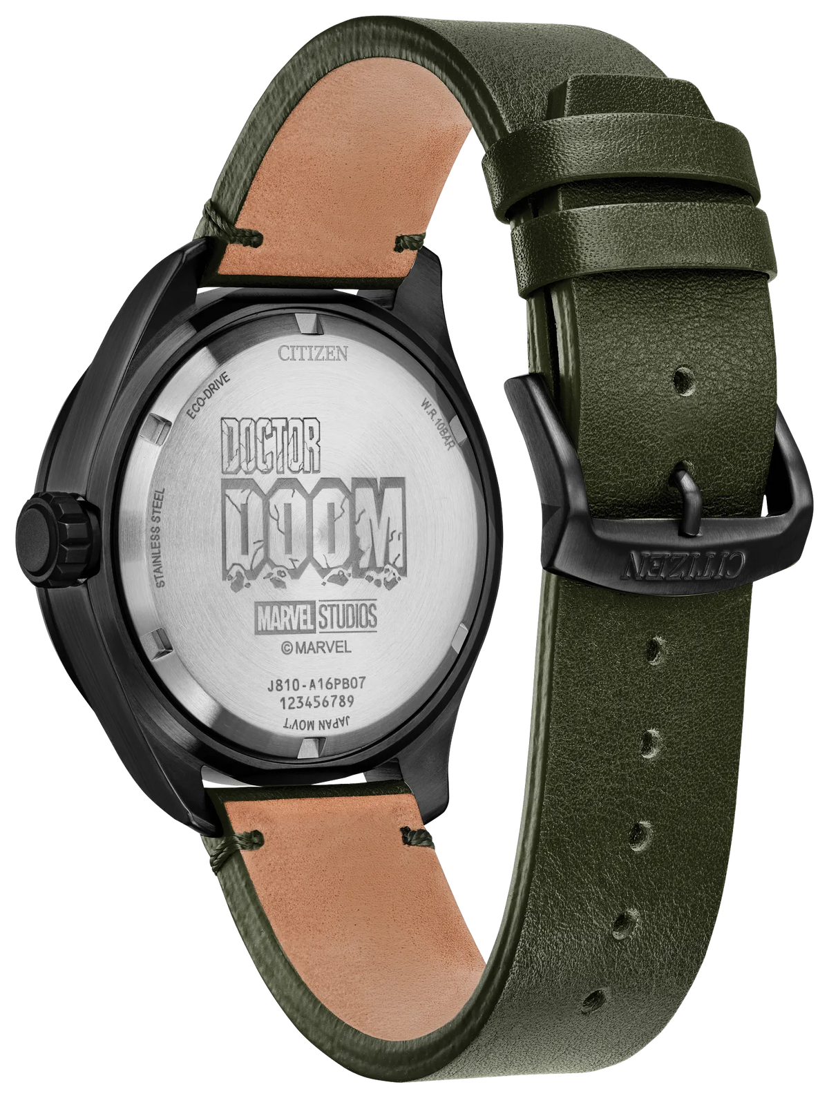 Back view of Citizen Avengers Dr. Doom AW5027-44W showing etched Doctor Doom and Marvel Studios case back with green leather strap and black buckle.