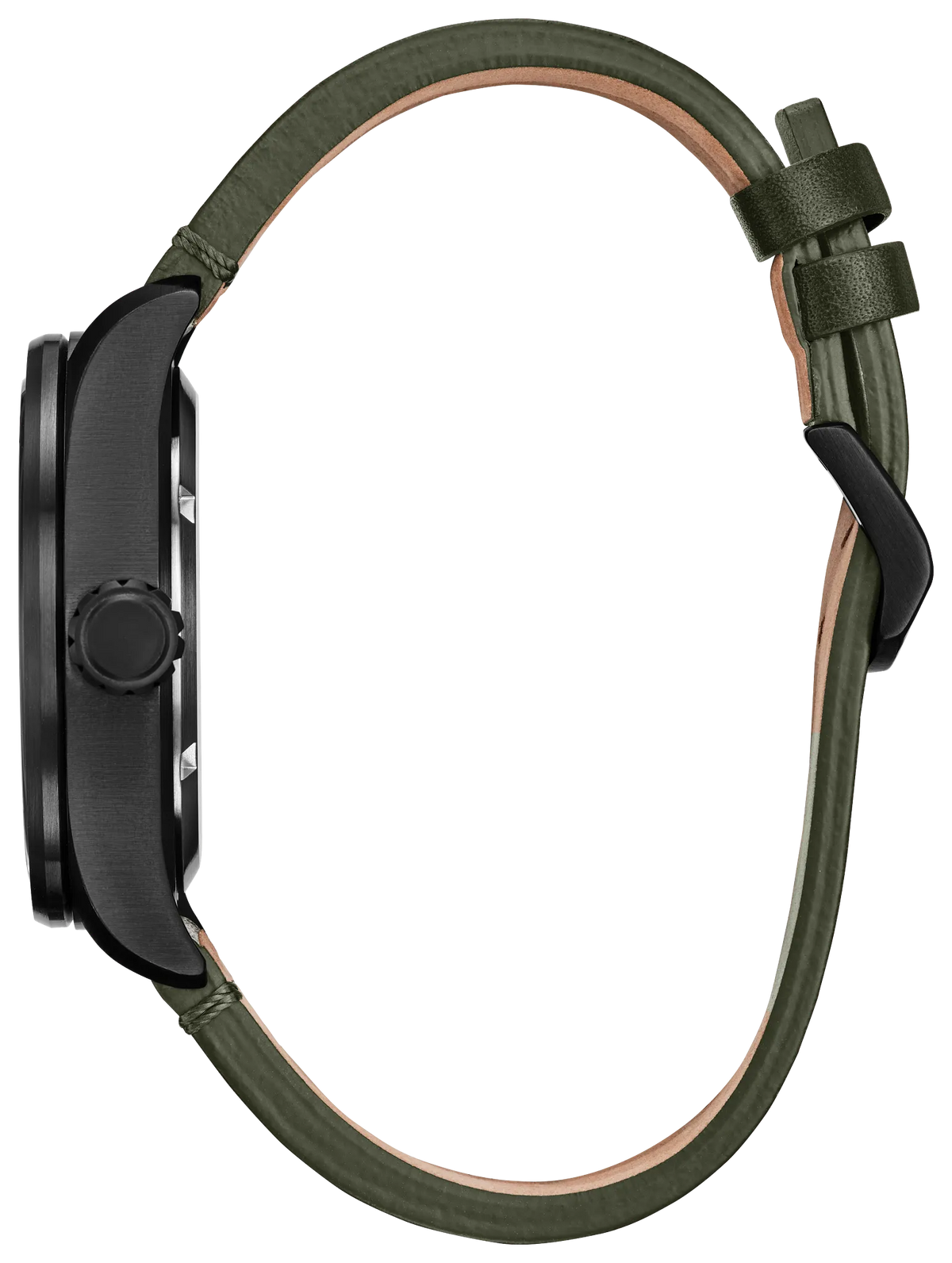 Side view of Citizen Avengers Dr. Doom AW5027-44W showing black stainless steel case, textured crown, and green leather strap profile.
