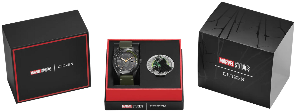 Citizen Avengers Dr. Doom AW5027-44W special box set with Eco-Drive watch, collectible Doctor Doom coin, and Marvel Studios Citizen packaging.