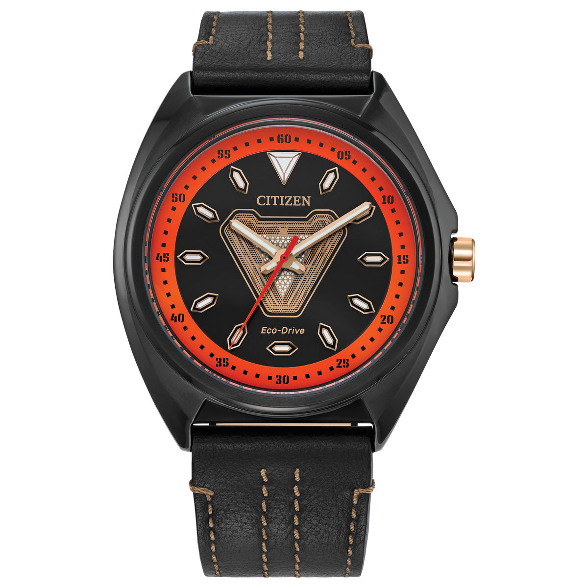 CITIZEN MARVEL TONY STARK '63 AW2075-05W Eco-Drive watch with black stainless steel case, Arc Reactor-inspired dial, red accents, and black leather strap.