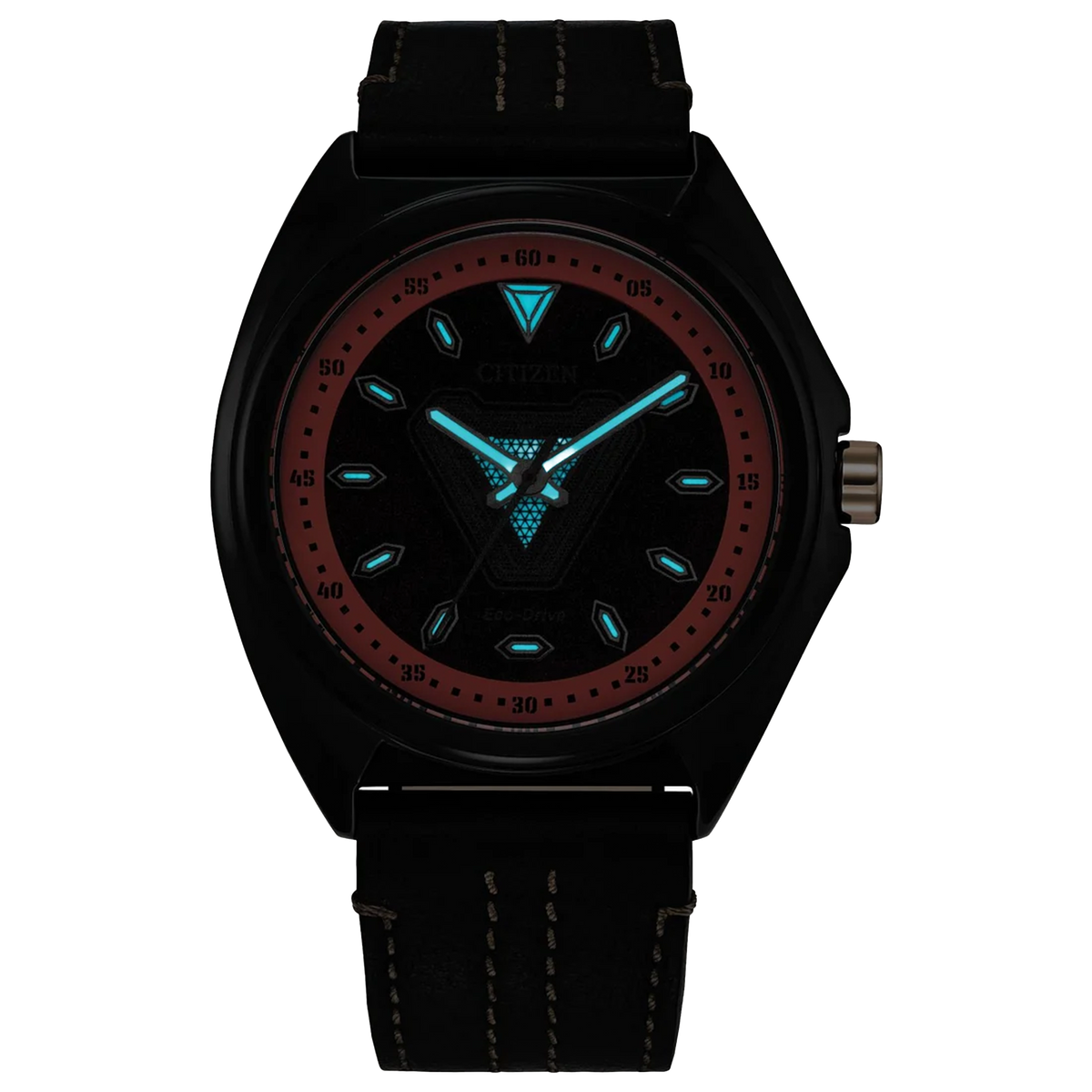 CITIZEN MARVEL TONY STARK '63 AW2075-05W in low light, showing luminous blue hands, hour markers, and Arc Reactor-inspired dial details.