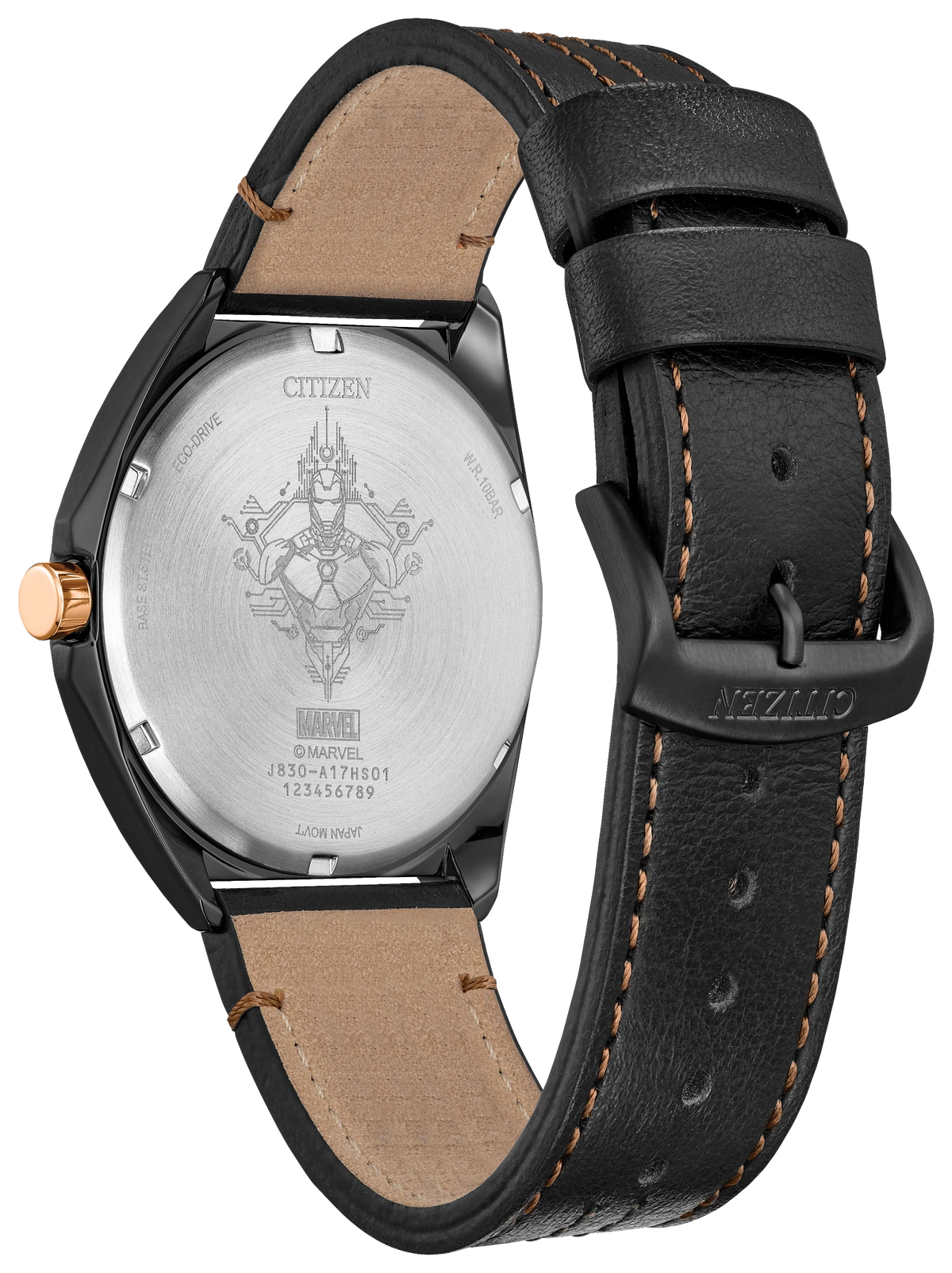CITIZEN MARVEL TONY STARK '63 AW2075-05W case back with Marvel engraving, black leather strap, contrast stitching, and black buckle.